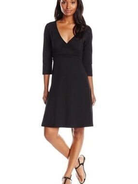 Patagonia Margot Dress Black 3/4 Sleeve Organic Cotton Faux Wrap A-Line Large